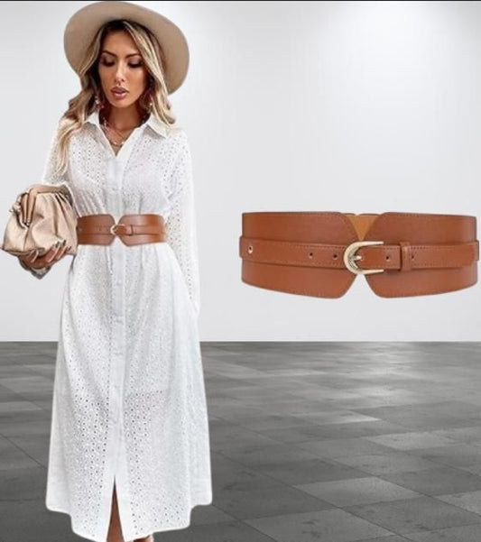 Women's Vintage Buckle Leather Wide Pin Buckle Elastic Waist Belt
